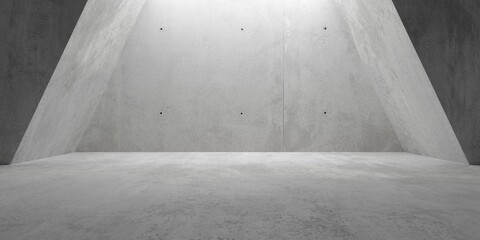 Abstract empty, modern concrete walls room with indirect ceiling light opening in the back and side upward sloped walls - industrial interior background template