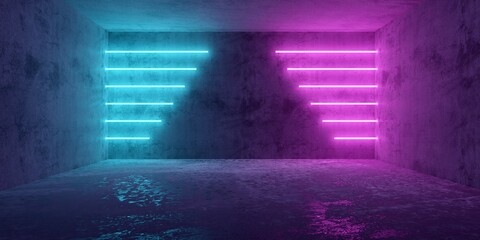 Horizontal blue and pink cyberpunk neon lights abstract background frame in modern concrete room