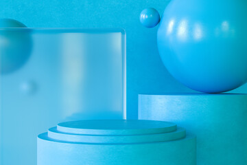 3d render. Empty cylinder podium with abstract minimalist geometric background. Presentation concept