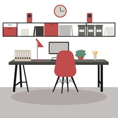 Modern Minimalist office workplace interior. Scandinavian style Interior working space red color. Flat design template work at home.	