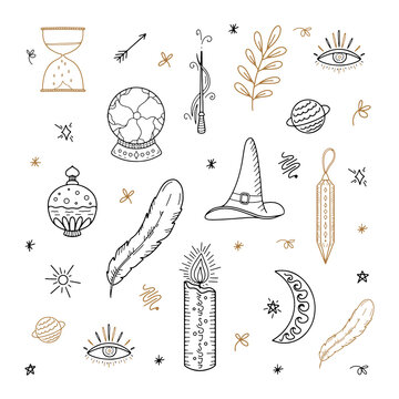 A set of vector design elements of witch magic. Symbols of witchcraft, a feather, a candle. A hand-drawn collection, doodles, a sketch of a magician. Perfect for tattoos, textiles, postcards