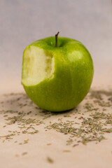 Green apple on the table.
Apple in drops.
Green apple.