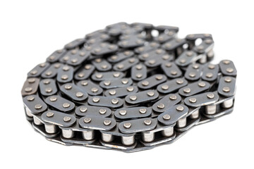 Used stretched timing chain of a crossover gasoline engine on a white background