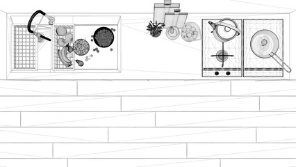 Blueprint project draft, kitchen close up, sink with fruit, hob with pot, fried egg in a pan. Vase with spikes, cutting boards. Top view, plan, above with copy space, interior design