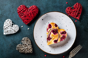 Heart shaped cheesecake brownie with cherry. Mothers Day dessert. Fathers day dessert. Womens day cake. Heart cheesecake. Heart cake.