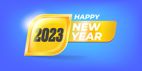 2023 Happy new year horizontal banner background and 2023 greeting card with text. vector 2023 new year sticker, label, icon, logo and badge isolated on winter stylish blue background