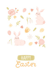 Cute rabbit, Happy Easter card with flowers, eggs, leaves in pastel colors. Hand written text. Vector illustration. Spring composition with animals and bloom.