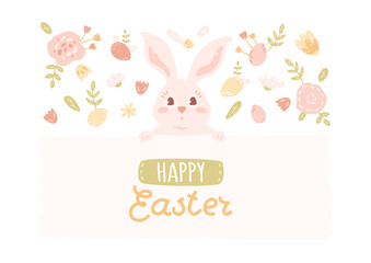 Fototapeta na wymiar Happy Easter banner with cute rabbit head. Card with bunny, eggs, flowers, leaves in pastel colors. Vector illustration with hand written text on abstract shape. Minimal art with animal.