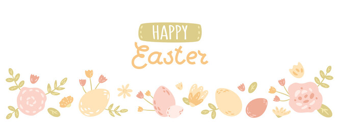 Happy Easter banner with eggs, flowers, branches. Spring border, horizontal greeting concept. Vector illustration with hand written text.