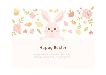 Happy Easter banner with cute rabbit head, eggs, flowers, leaves in pastel colors. Vector illustration with text on abstract shape. Minimal art, card with bunny, flyer template. Animal holding a paper