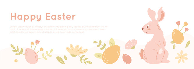 Easter banner concept with bunny, eggs, flowers, leaves and branches. Cute rabbit in cartoon style. Spring vector illustration. Promotion template, horizontal flyer.