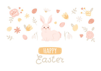 Obraz na płótnie Canvas Happy Easter banner with cute rabbit. Card with bunny, eggs, abstract flowers, leaves in pastel colors. Vector illustration with hand written text. Minimal art with animal.