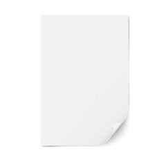 A sheet of white paper with a bent lower right corner with a shadow under it, isolated on a white background.
