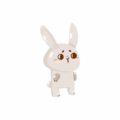 Cute easter hunt egg bunny standing, concept spring religious holiday, baby rabbit icon, cartoon hare doodle vector illustration, isolated on white.