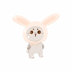 Cute easter hunt egg bunny with big ears hat, concept spring religious holiday, baby rabbit icon, cartoon hare doodle vector illustration, isolated on white.