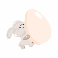 Cute easter bunny with hunt egg, concept spring religious holiday, baby rabbit icon, cartoon hare doodle vector illustration, isolated on white.