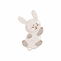 Cute easter hunt egg bunny sitting, concept spring religious holiday, baby rabbit icon, cartoon hare doodle vector illustration, isolated on white.