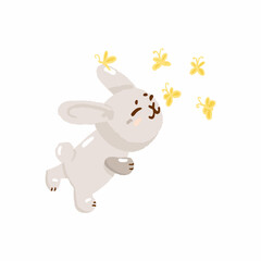 Cute easter bunny hunt with butterfly, concept spring religious holiday, baby rabbit icon, cartoon hare doodle vector illustration, isolated on white.