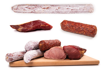 Various of meat, smoked meat, sausage, salami isolated on a white.
