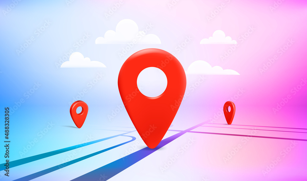 Fototapete map navigation red pointers on the road in perspective. 3d vector illustration