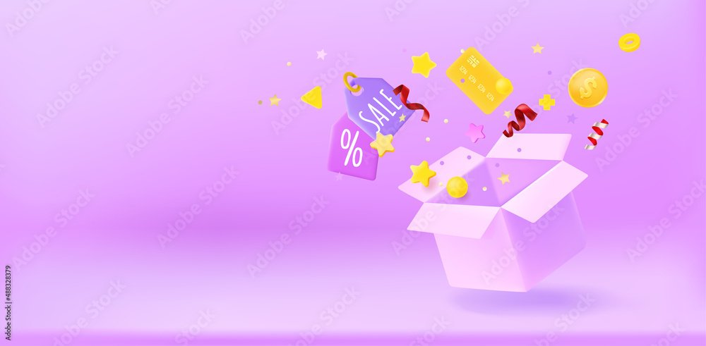 Poster open box with surprize. season sale concept. 3d vector banner with copy space