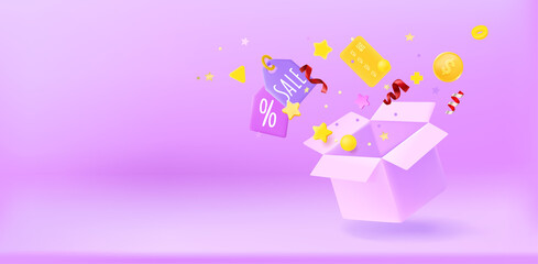 Open box with surprize. Season Sale concept. 3d vector banner with copy space