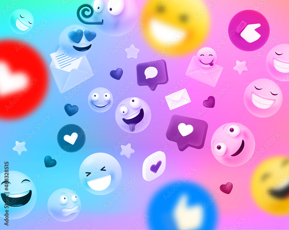 Poster social network communication concept with different emoji and icons. square orientation