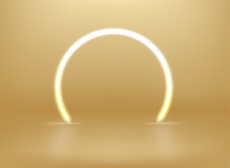 White neon glowing circle on golden room. 3d vector showcase