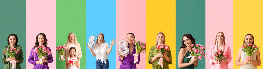 Group of women with bouquets of flowers and balloons in shape of figure 8 on color background. International Women's Day celebration