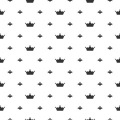 Seamless ornament with black crowns and royal lily on white background. Royal, luxury, vip, first class. Monarchy, authority, power wallpaper.
