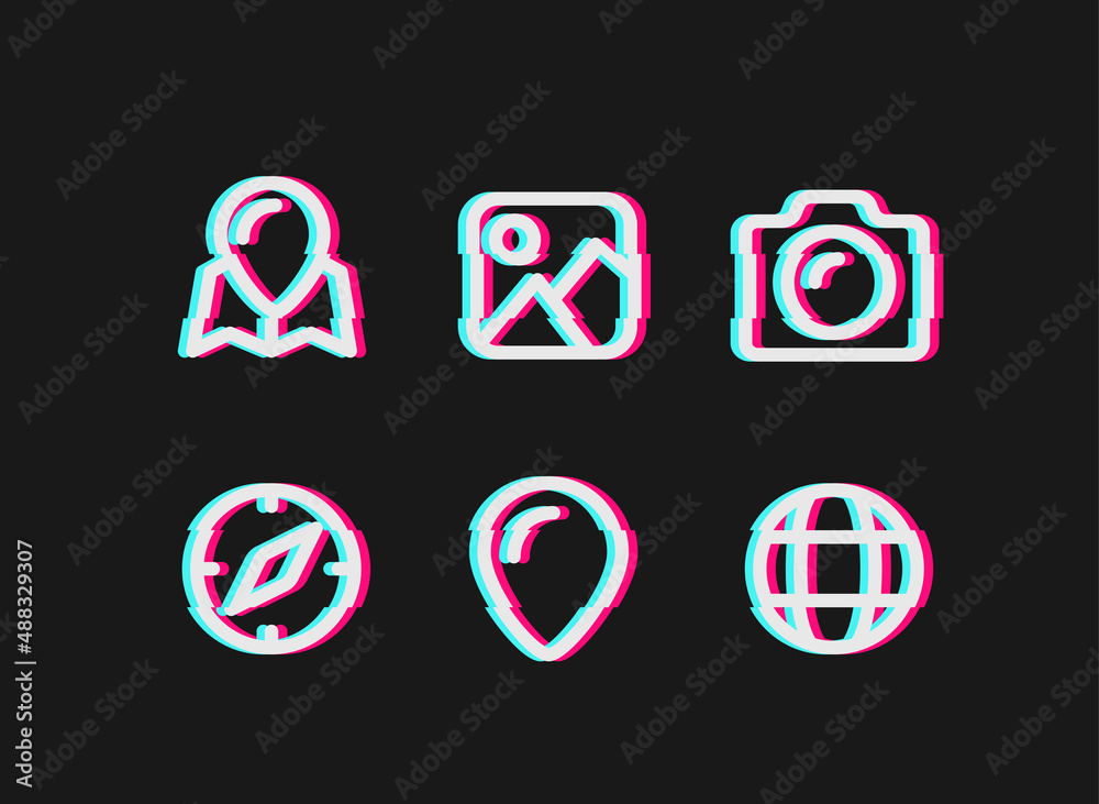 Poster Travel thin line icons with glitch effect. Outline vector icons set isolated on black background