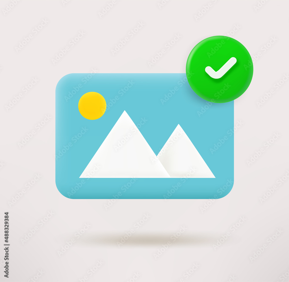 Poster landscape icon with checkmark. 3d vector icon