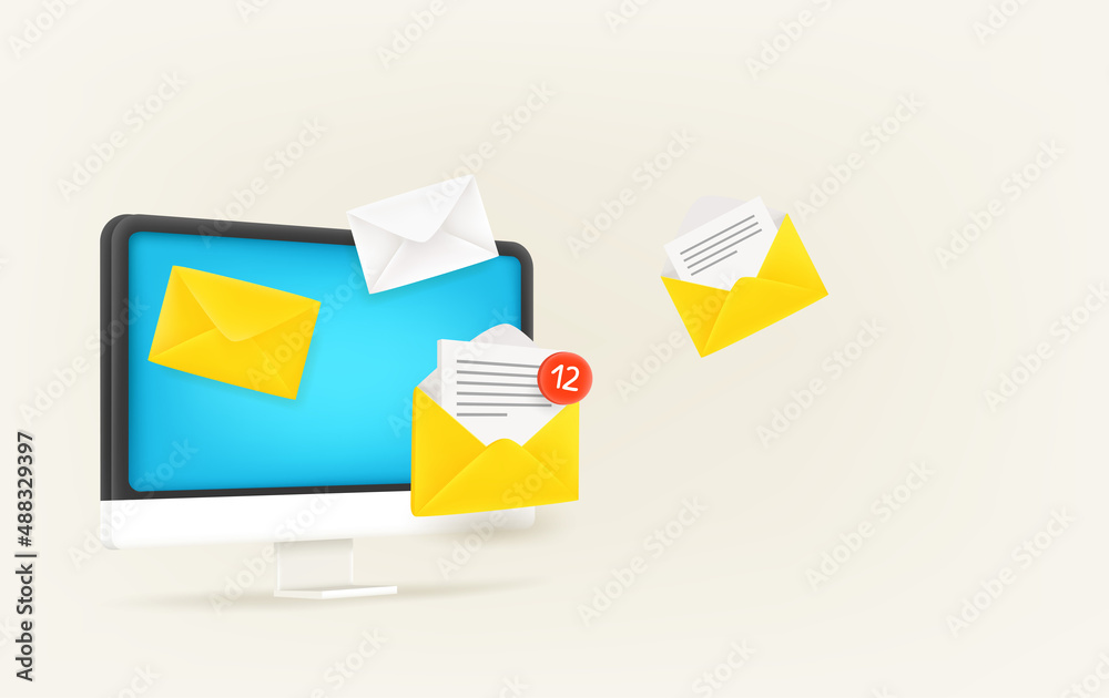 Aufkleber Receiving new mail messages via computer. 3d vector banner with copy space