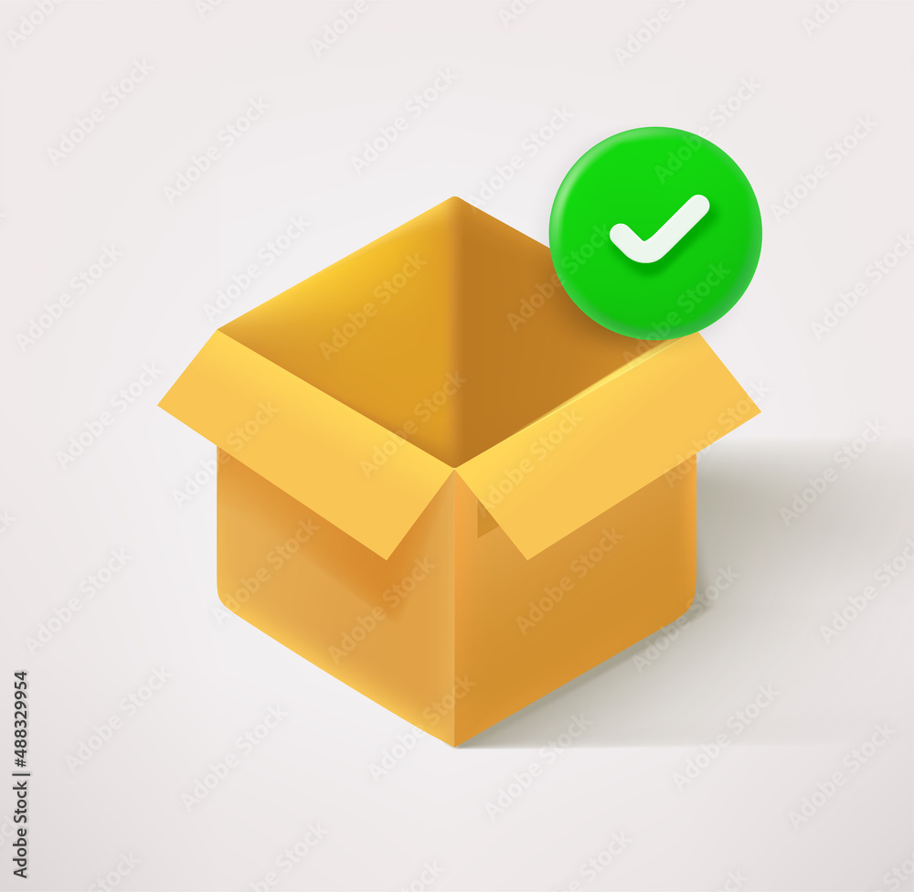 Poster opened delivery box icon with checkmark. 3d vector icon