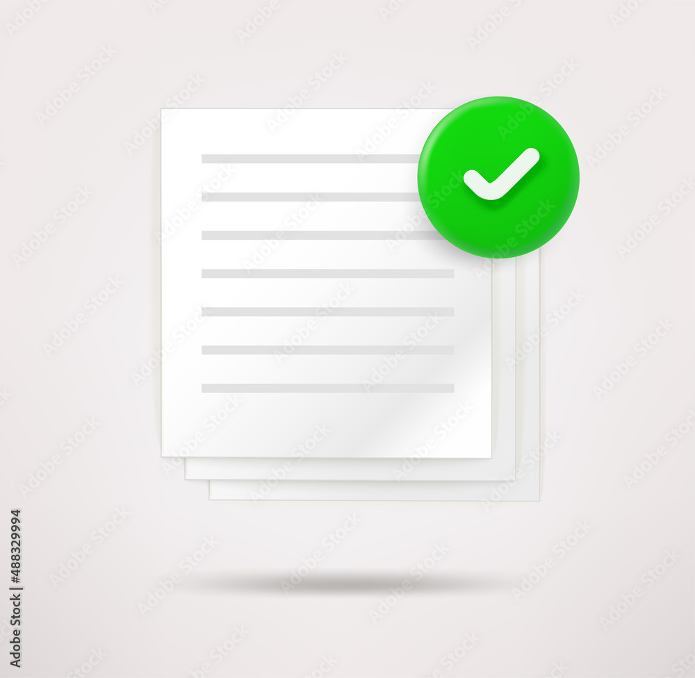 Poster Paper contract icon with checkmark. 3d vector icon