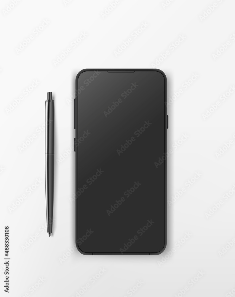 Poster Modern tablet computer with black blank screen and black pen. Flat lay 3d vector illustration with clipping path