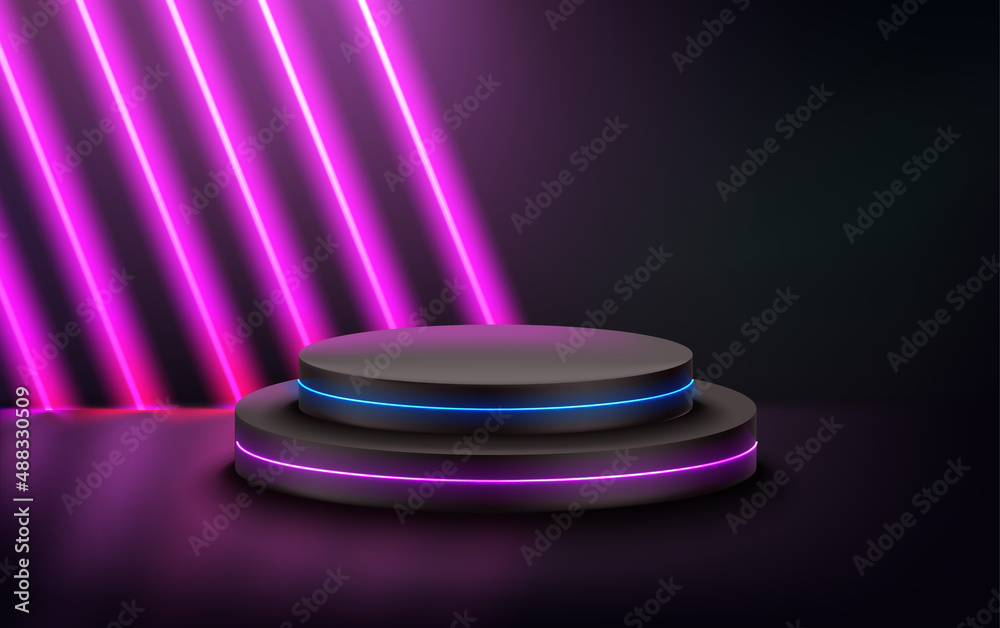 Poster Dark room with vioolet diagonal neon and circle podium. 3d vector showcase with copy space