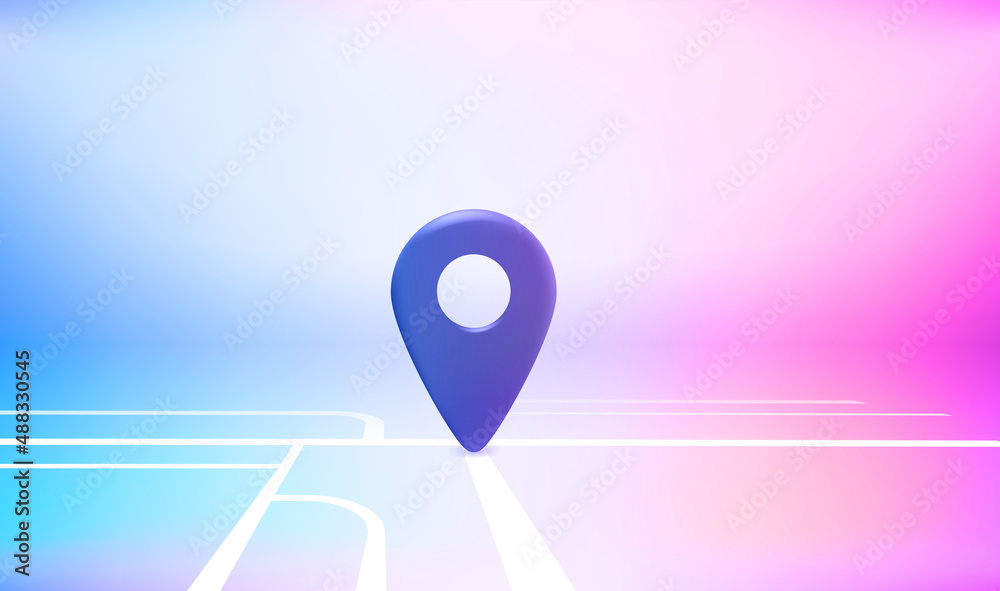 Poster Map navigation red pointer on the road in perspective. Travel destination concept. Vector 3d illustration