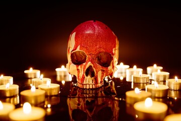 Blood stained skull against dark background closeup