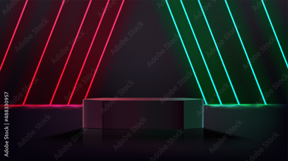 Poster dark room with red and green diagonal neons and pedestal. 3d vector showcase with copy space