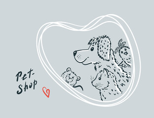 Vector Pets. Dog, Cat, Hamster and Bird. Pet Shop Logo Design, Veterinary Clinic or Homeless Animal Shelter. Outline illustration
