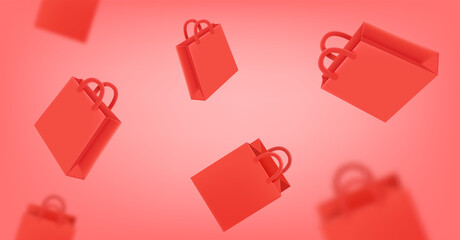 Flying red shopping bags on red background. Online shopping. 3d vector illustration