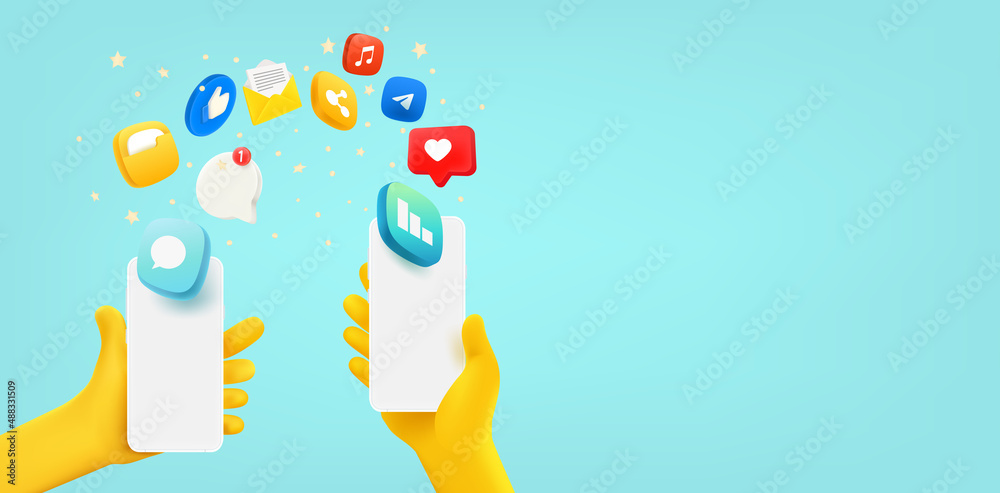 Poster People sharing files via mobile phone. 3d vector banner with copy space