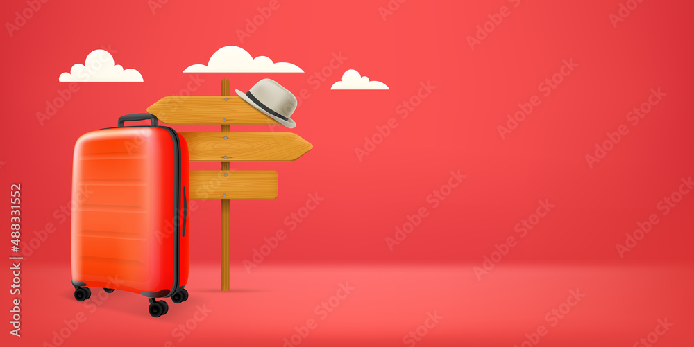 Poster World travel concept with pointer and handbag. 3d vector banner with copy space