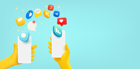 People sharing files via mobile phone. 3d vector banner with copy space