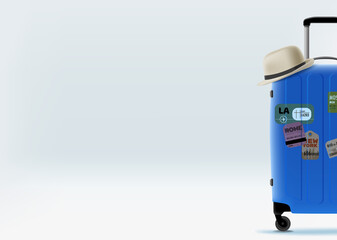 Blue travelers suitcase with stickers and a hat. 3d vector banner with copy space for a text