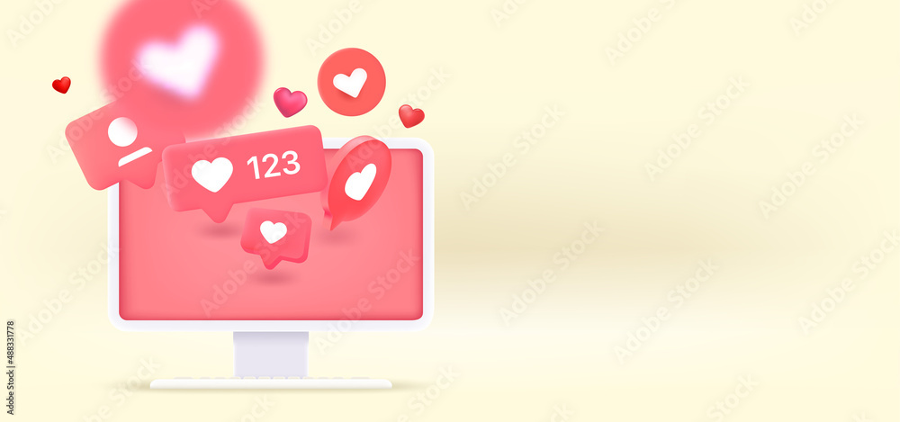 Poster Social media notification bubbles flying to the screen of modern computer. 3d vector banner with copy space