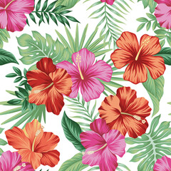 Tropical vintage red magenta hibiscus flower, palm leaves floral seamless pattern white background. Exotic jungle wallpaper. © good_mood