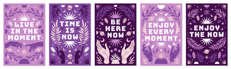 Boho celestial vector posters with inspirational quotes in trendy bohemian style. Tarot magic card. - obrazy, fototapety, plakaty