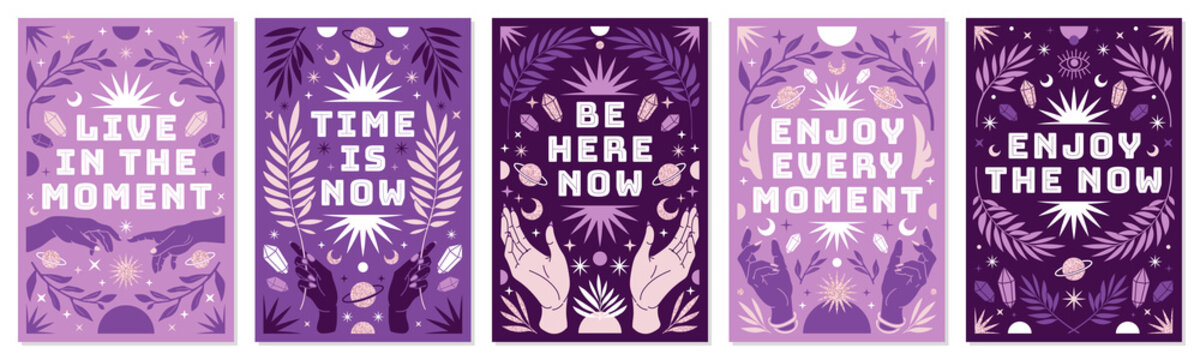 Boho celestial vector posters with inspirational quotes in trendy bohemian style. Tarot magic card.